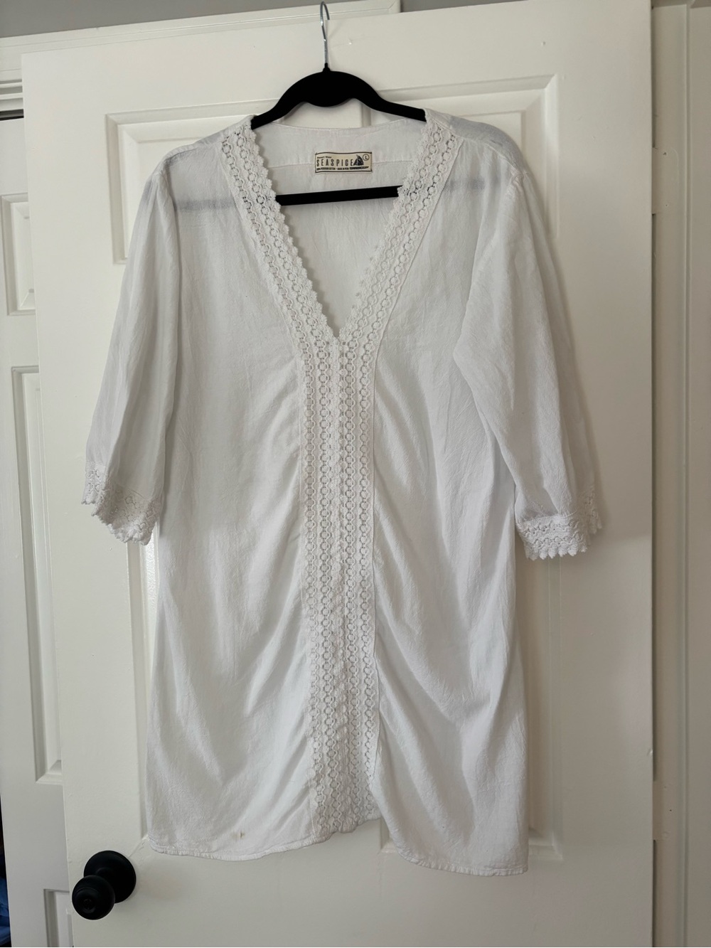 Seaspice White Crochet Trim Beach Cover Up Dress 100% Peruvian Cotton Size Large - Picture 4 of 8